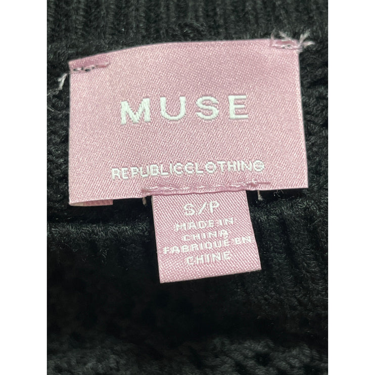 Muse Women's Black Crochet Knit Crewneck Short Puff Sleeve Crop Sweater Top S/P