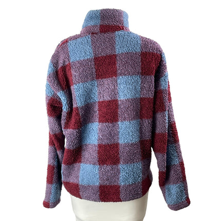Eddie Bauer Women's Red Blue Check Gingham Plaid 1/4 Fleece Sweater Top Size M