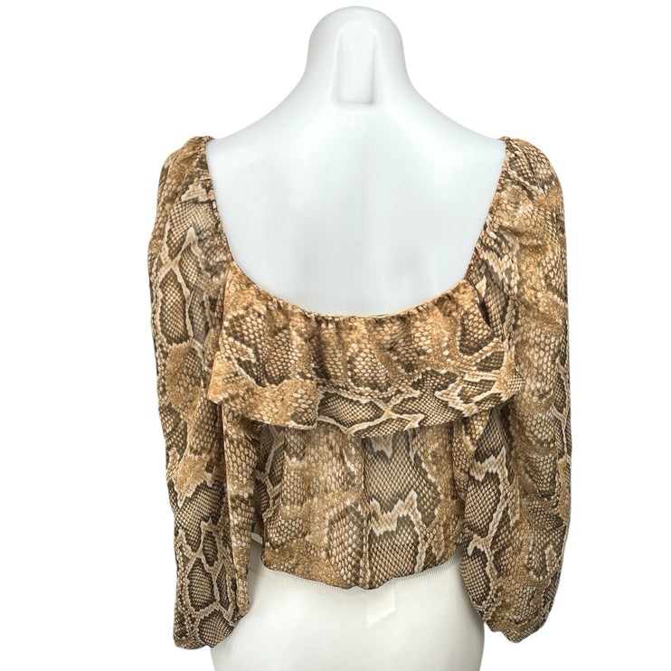 Zara Brown Animal Snake Print Long Sleeve Ruffle Cropped Blouse Top Size S