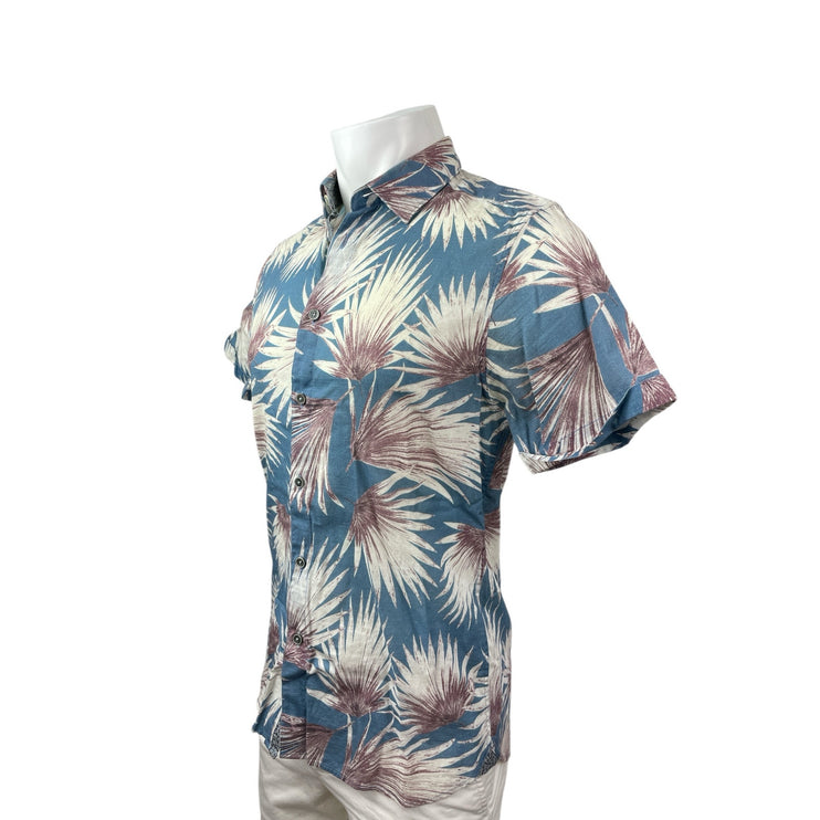 Ted Baker Men's Blue Leaf Hawaiian Short Sleeve Button Down Shirt Top Size M