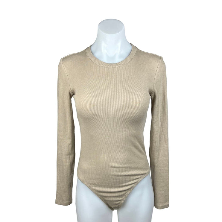 Zara Beige Crew Neck Long Sleeve Stretch Ribbed Knit Fitted Bodysuit Top Size M