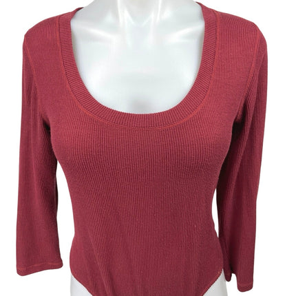 Free People Hi Hon Wine Red Rib Knit Long Sleeve Scoop Neck Thong Bodysuit Top M