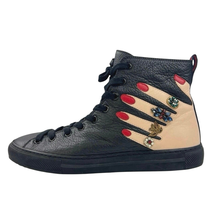 Gucci Girls Kids Black Hand Leather Beaded Embellished High Top Sneakers Size 37