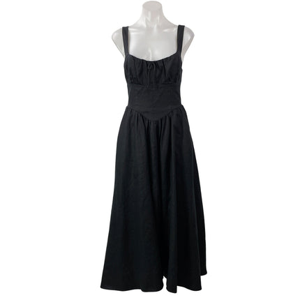 Reformation Balia 100% Linen Black Sleeveless Ruched Fit & Flare Midi Dress Sz 4