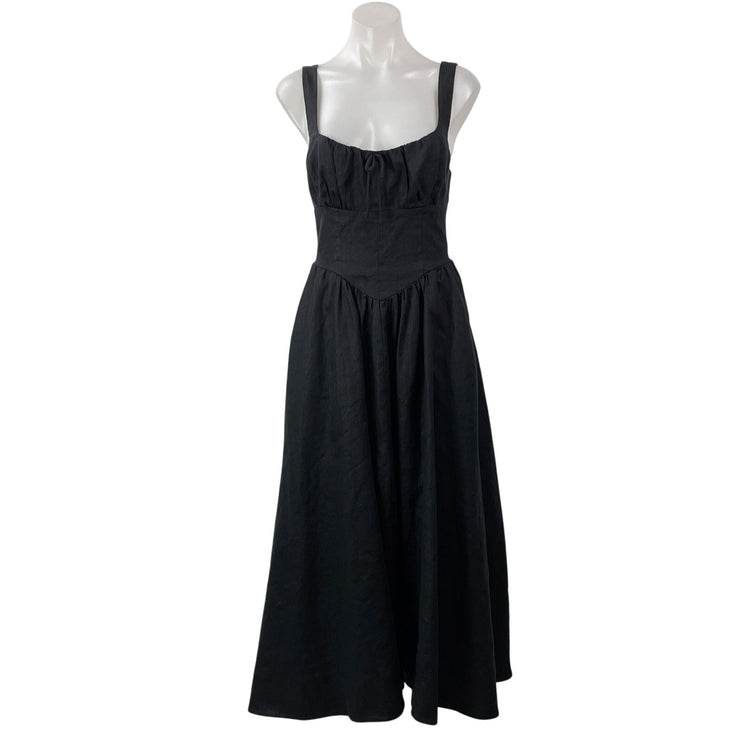 Reformation Balia 100% Linen Black Sleeveless Ruched Fit & Flare Midi Dress Sz 4