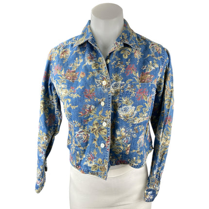 Liz Claiborne Women's Blue Floral Long Sleeve Button Up Cropped Shirt Top Size S