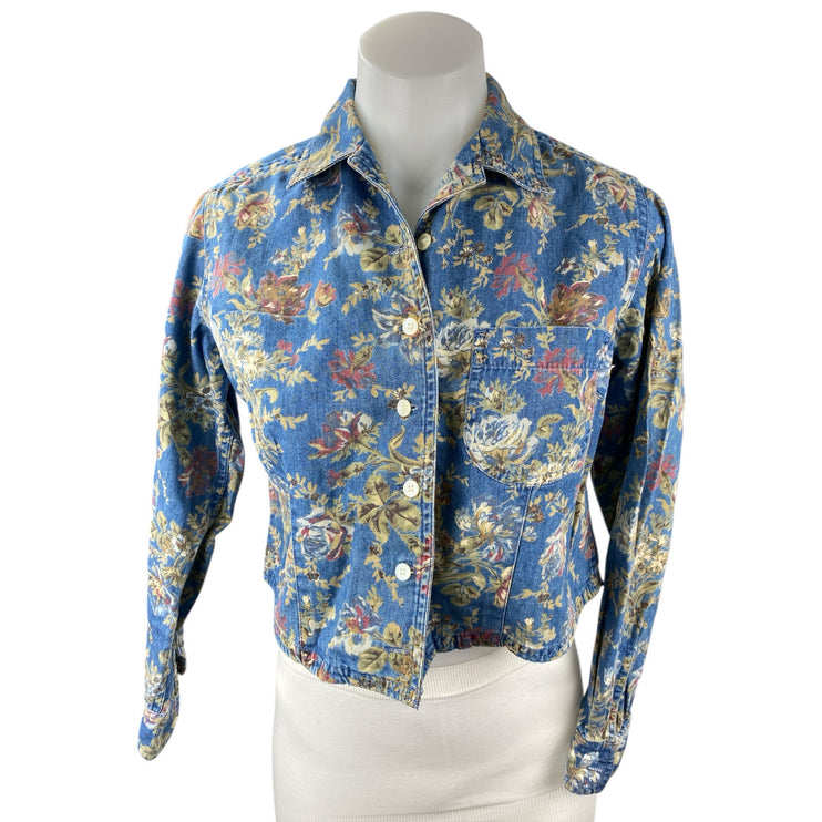 Liz Claiborne Women's Blue Floral Long Sleeve Button Up Cropped Shirt Top Size S