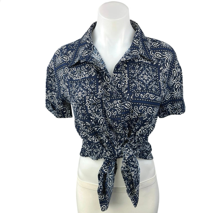 Vintage F. Shay Blue Bandana Scarf Paisley Button Up Short Sleeve Shirt Top Sz 6