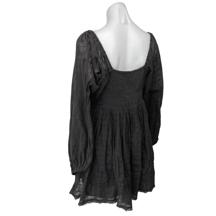 Free People Black Ari Smocked Crochet Boho Long Sleeve Mini Babydoll Dress Sz M