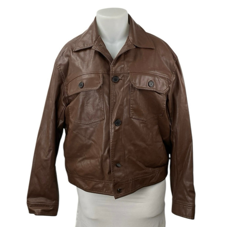 H&M Women's Faux Vegan Leather Collar Long Sleeve Button Down Coat Jacket Top XL