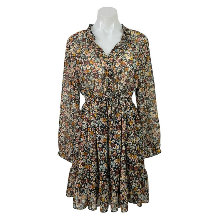 Zara Women's Multicolor Floral Ruffles Belted Long Sleeve Mini A-Line Dress Sz L