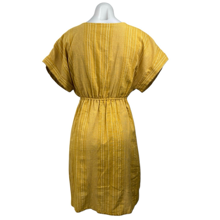 Blue Rair Yellow Striped Tie Fronbt Cutout Short Sleeve Midi Shirt Dress Size M