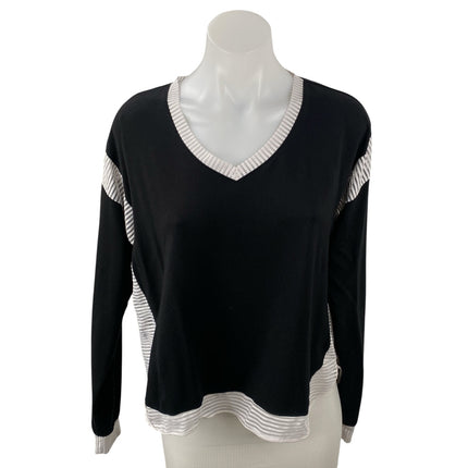 K-DEER Women's Black Color Block V Neck Long Sleeve Sweatshirt Sweater Top Sz M
