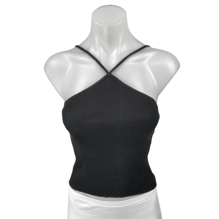 Zara Black Sleeveless Cross Strap Cami Camisole Tank Ribbed Knit Crop Top Size S