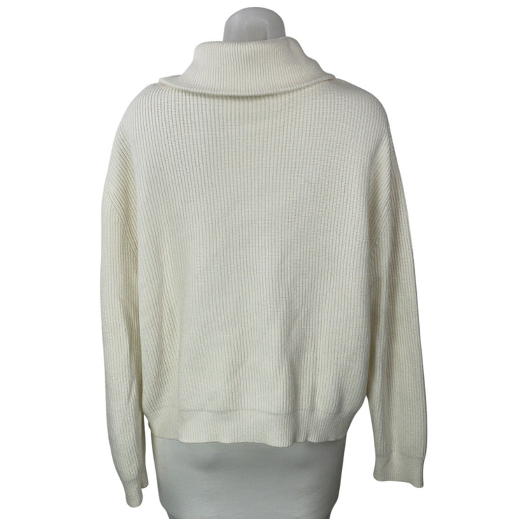 MNG Mango Womens White Ribbed Knit 1/4 Zip Collar Long Sleeve Sweater Top Size L