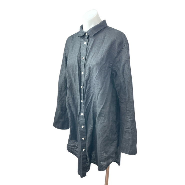 J.Crew Black Linen Long Sleeve Relaxed Button Down Mini Beach Shirt Dress Sz M