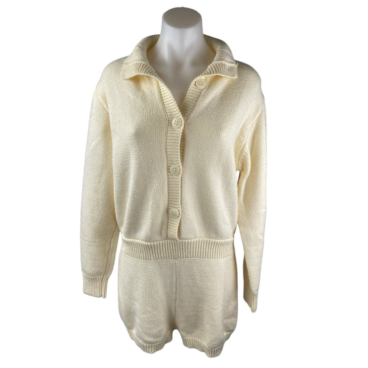 Zara Cream Wool Collared Long Sleeve Button Playsuit Sweater Jumpsuit Romper L