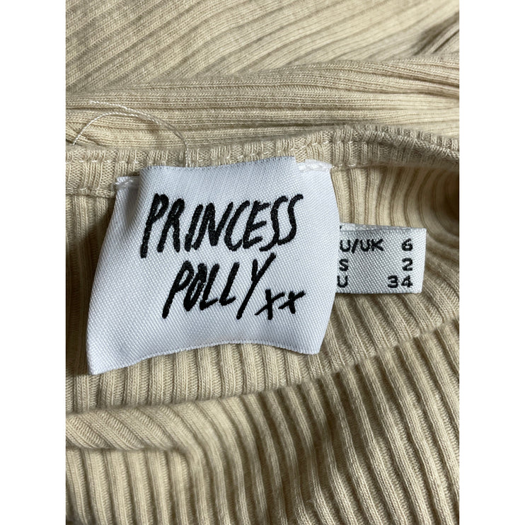Princess Polly Women's Cream Beige Ribbed Knit V Neck Ruched Crop Top Size 2