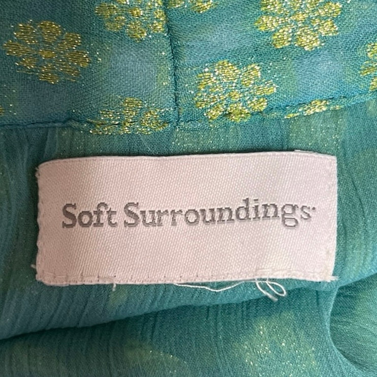 Soft Surroundings 100% Silk Teal Boho Embroidered Open Front Cardigan Jacket M