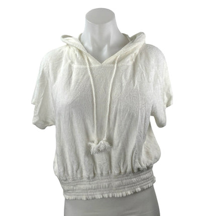 Bella Dahl White Tassels Short Sleeve Hooded Hoodie Sweatshirt Sweater Top Sz L