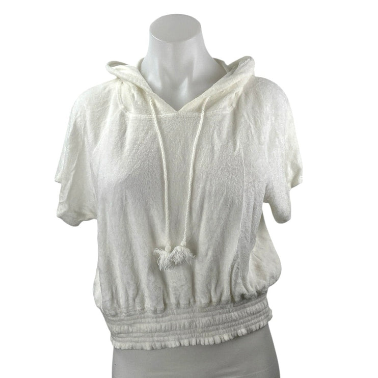 Bella Dahl White Tassels Short Sleeve Hooded Hoodie Sweatshirt Sweater Top Sz L