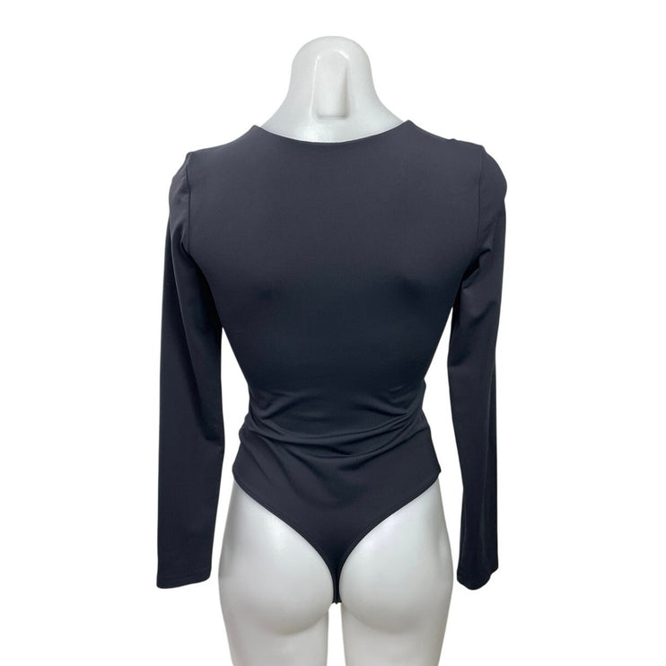 Aritzia Babaton Contour Black Long Sleeve Crew Neck Thong Bodysuit Top Size S