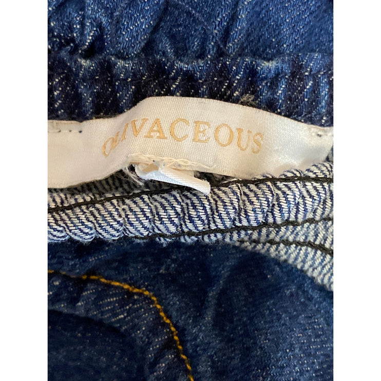 Olivaceous Blue Short Puff Sleeve Chambray Denim Jean Ruffle A Line Mini Dress L