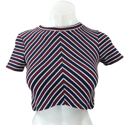 Trafaluc by Zara Blue Red White Striped Chevron Textured Crew Neck Crop Top Sz S