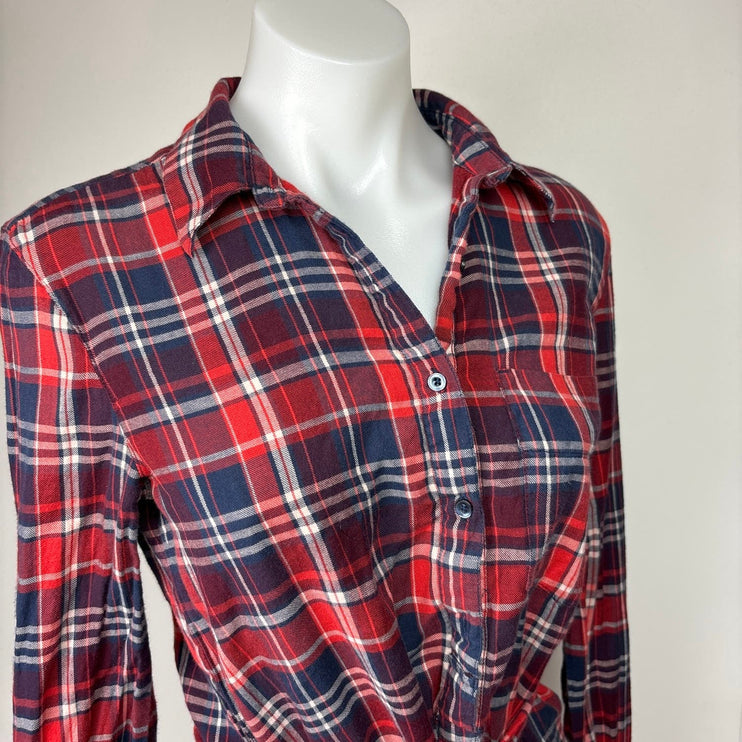 Gap Red Flannel Plaid Checkered Half Sleeve Button Up Tie Shirt Dress Size S