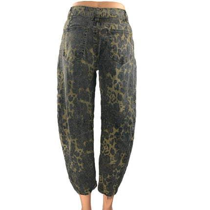Women's Black Leopard Print Barrel Baggy High Rise Cropped Denim Jeans Size XS