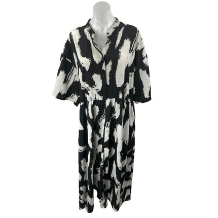 MONKL Black White Short Sleeve Abstract Button Front Maxi Shirt Dress Size XL