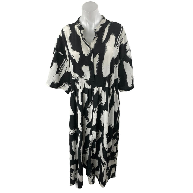 MONKL Black White Short Sleeve Abstract Button Front Maxi Shirt Dress Size XL