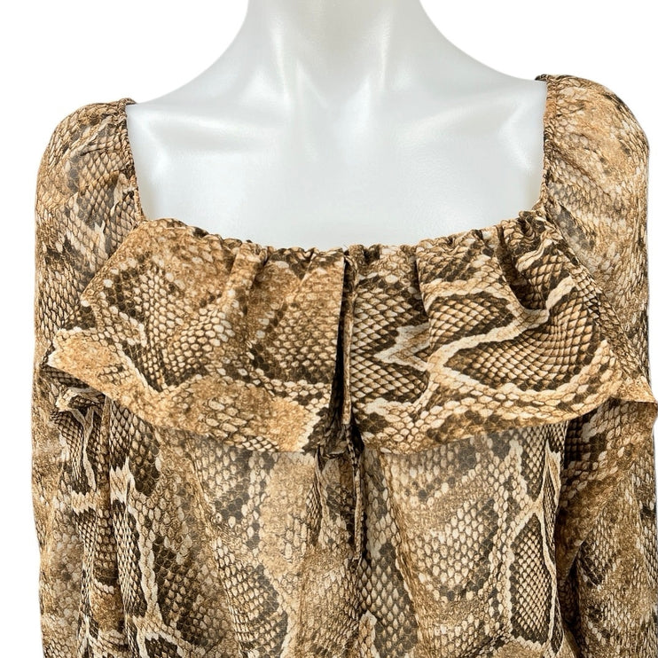 Zara Brown Animal Snake Print Long Sleeve Ruffle Cropped Blouse Top Size S