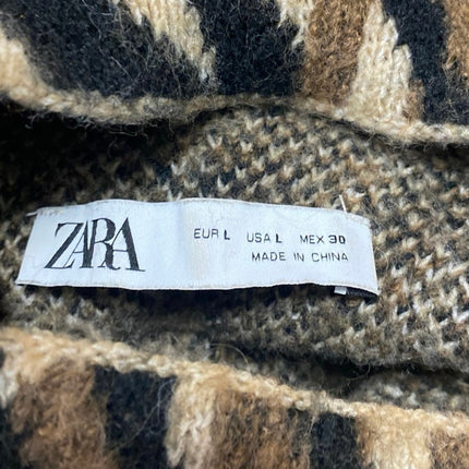 Zara Brown Wool Zebra Animal Print Turtleneck Long Sleeve Knit Sweater Top Sz L