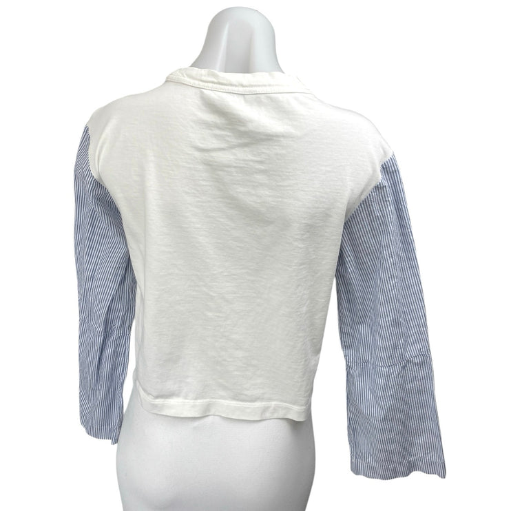 Club Monaco Women's White Blue Striped Long Sleeve Crew Neck Shirt Crop Top Sz S