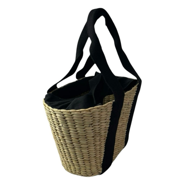 NEW LOFT Tan Black Woven Straw Canvas Straps Basket Tote Handbag One Size