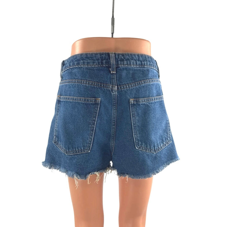 Forever 21 Women's Blue Medium Wash High Rise Crop Cut Off Denim Jean Shorts M