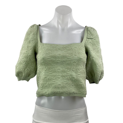 ZARA Light Green Jacquard Knit Short Puff Sleeve Square Neck Crop Blouse Top S