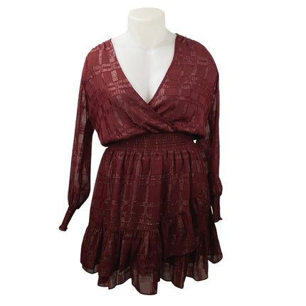 Michael Kors Women's Red Metallic Smocked Waist Long Sleeve Mini Wrap Dress Sz L