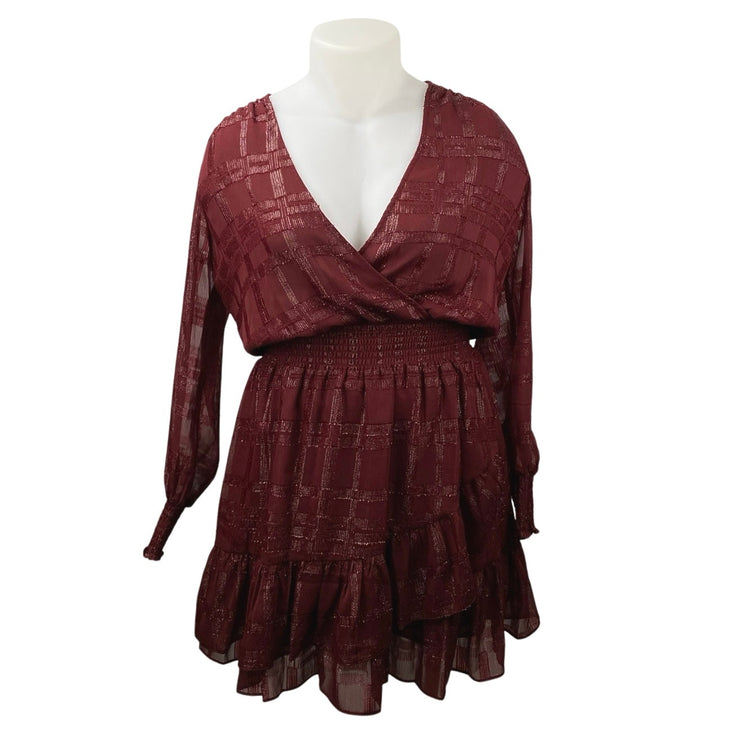 Michael Kors Women's Red Metallic Smocked Waist Long Sleeve Mini Wrap Dress Sz L