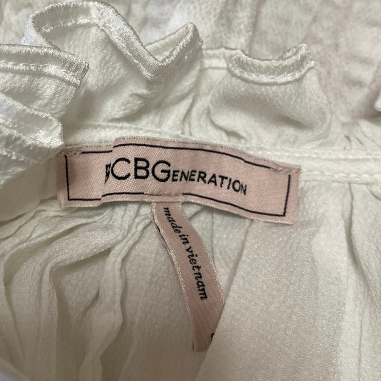 BCBGeneration White Pleated Crinkled Ruffle Collar Short Sleeve Blouse Top Sz S
