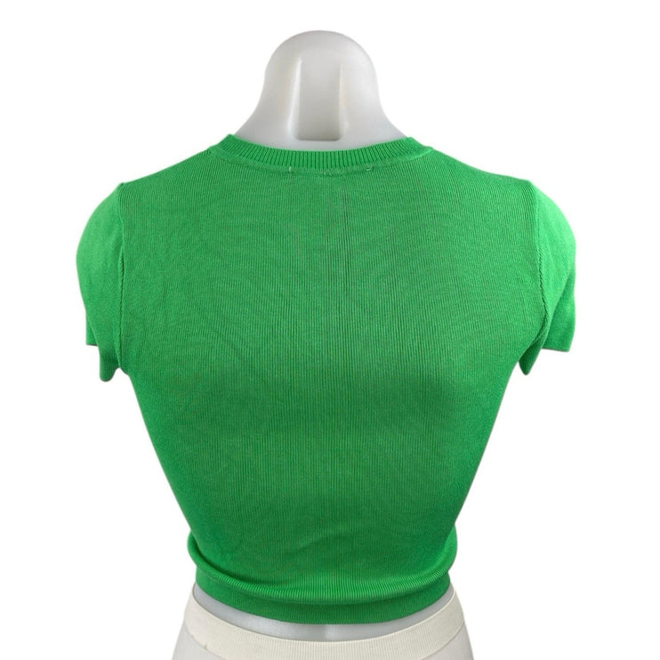 Zara Women's Green Rib Knit Crewneck Short Sleeve Crop Tee T-shirt Top Size M