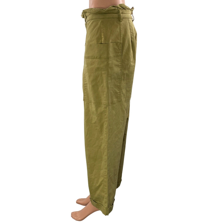 Zara Women's Green High Waisted Wide Leg Baggy Paperbag Trousers Pants Size L