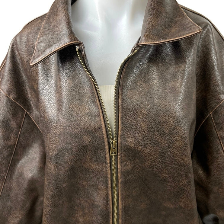 Topshop Brown Faux Leather Full Zip Collar Oversized Bomber Coat Jacket Size 12