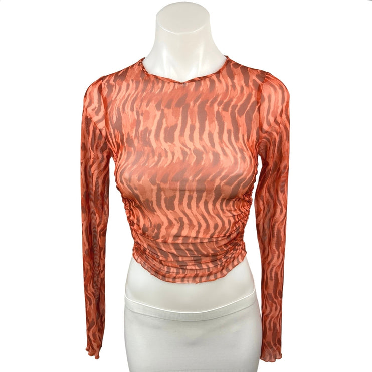 Zara Orange Multicolor Mesh Cinched Ruched Long Sleeve Sheer Crop Top Blouse XS