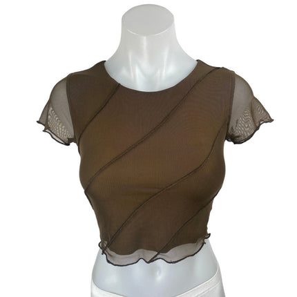Princess Polly Brown Sleeveless Mesh Patchwork T Shirt Blouse Crop Top Size 2