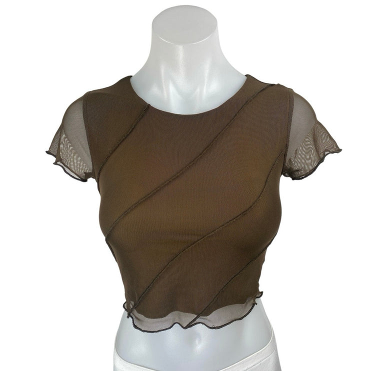 Princess Polly Brown Sleeveless Mesh Patchwork T Shirt Blouse Crop Top Size 2