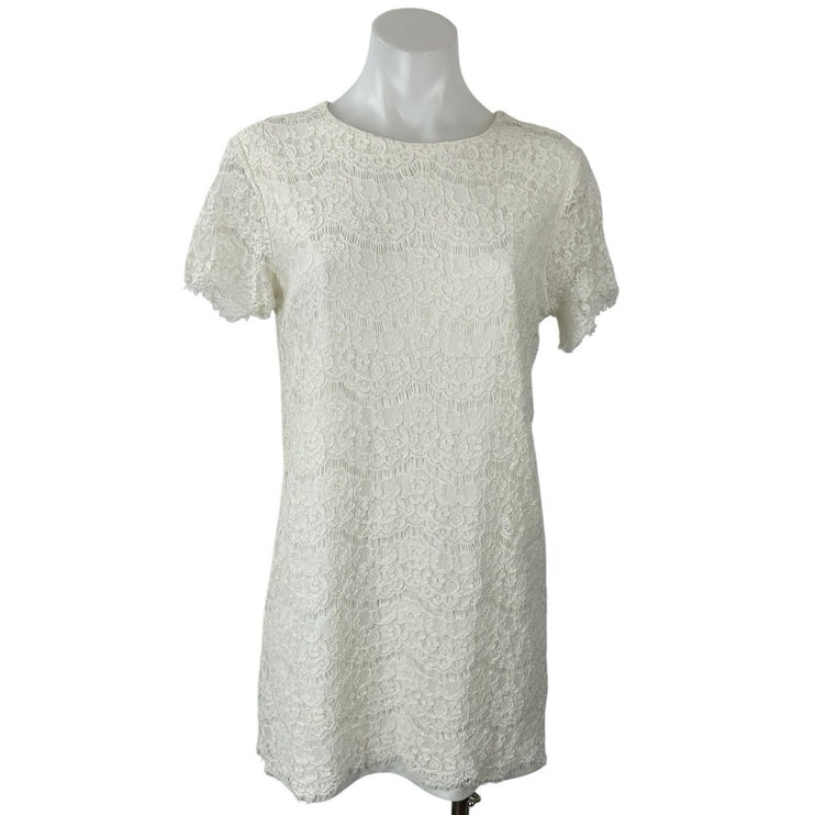 Lulus Take Me to Bruch Women's Ivory Floral Lace Short Sleeve Mini Shift Dress M