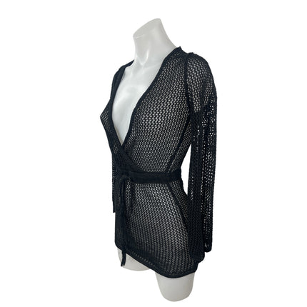 Forever 21 Black Mesh Sheet Long Sleeve Deep V Neck Tie Waist Cover Up Dress S