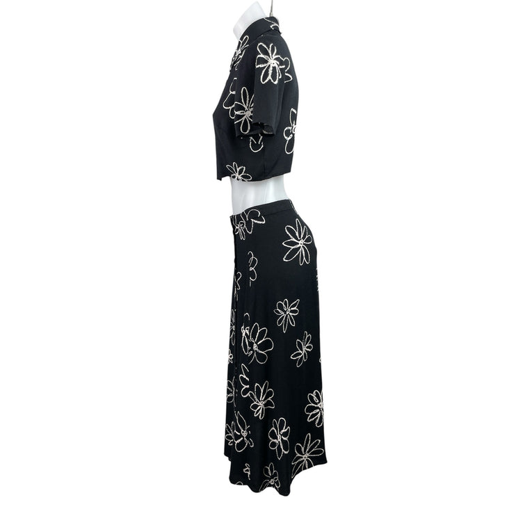Reformation Women's Black White Floral Embroidered Crop Top & Midi Skirt Sets 4